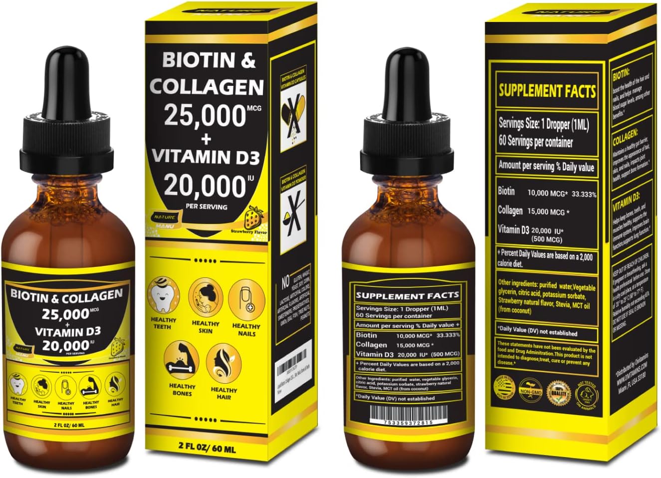 Nature Manu-Premium 25,000mcg Liquid Biotin & Collagen with 20,000iu Vitamin D3 for Healthy Skin, Strong Nails, and Hair Growth. Strawberry Flavor - 2 FL OZ/60 ML