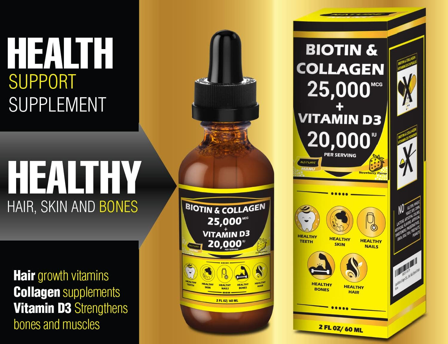Nature Manu-Premium 25,000mcg Liquid Biotin & Collagen with 20,000iu Vitamin D3 for Healthy Skin, Strong Nails, and Hair Growth. Strawberry Flavor - 2 FL OZ/60 ML