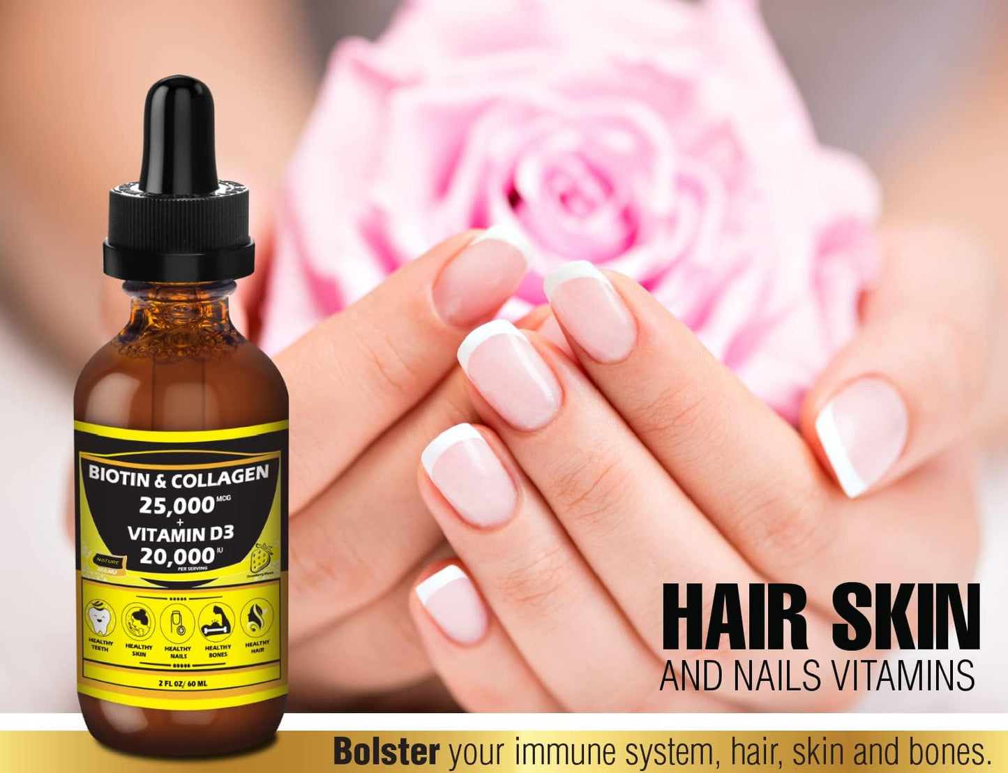 Nature Manu-Premium 25,000mcg Liquid Biotin & Collagen with 20,000iu Vitamin D3 for Healthy Skin, Strong Nails, and Hair Growth. Strawberry Flavor - 2 FL OZ/60 ML