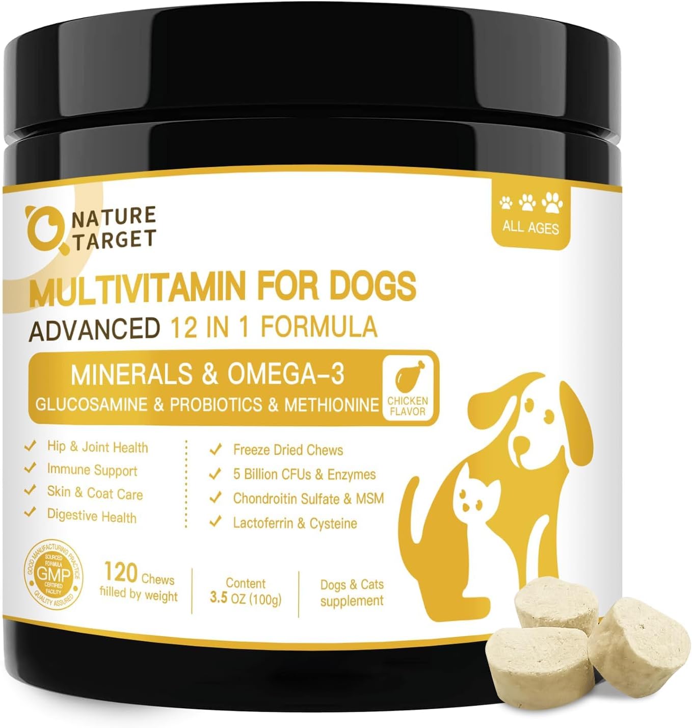 NATURE TARGET Dog Multivitamins with Probiotics, Glucosamine, and Enzymes for Overall Health, 120 Freeze Dried Chews