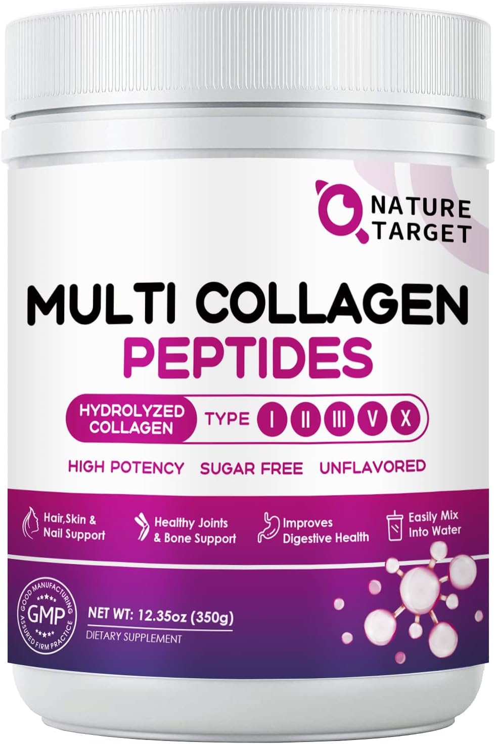 NATURE TARGET Multi Collagen Peptides Powder with Vitamin C and Hyaluronic Acid - Grass-Fed, Non-GMO Formula for Skin, Hair, Nails, and Joints - 35 Servings