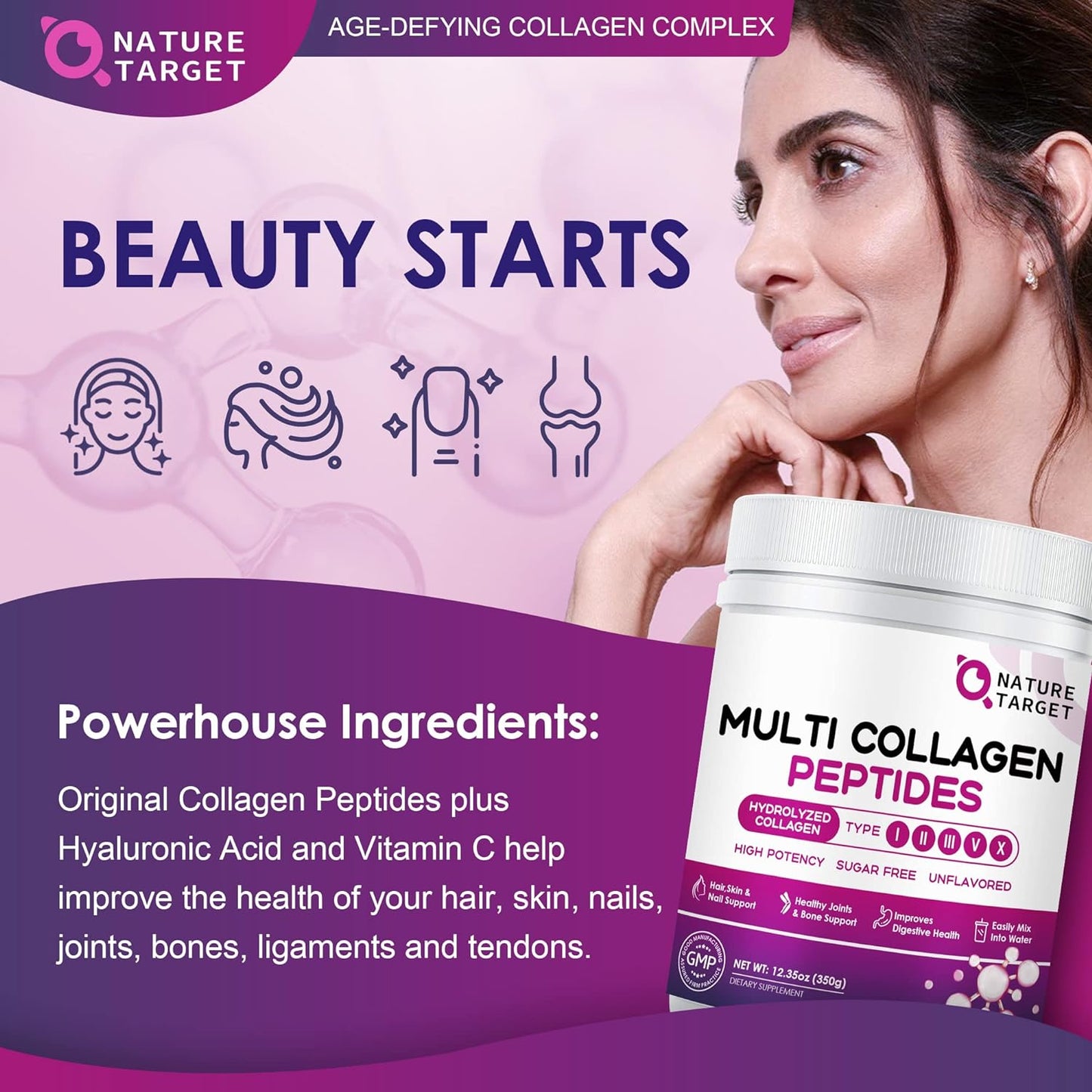 NATURE TARGET Multi Collagen Peptides Powder with Vitamin C and Hyaluronic Acid - Grass-Fed, Non-GMO Formula for Skin, Hair, Nails, and Joints - 35 Servings