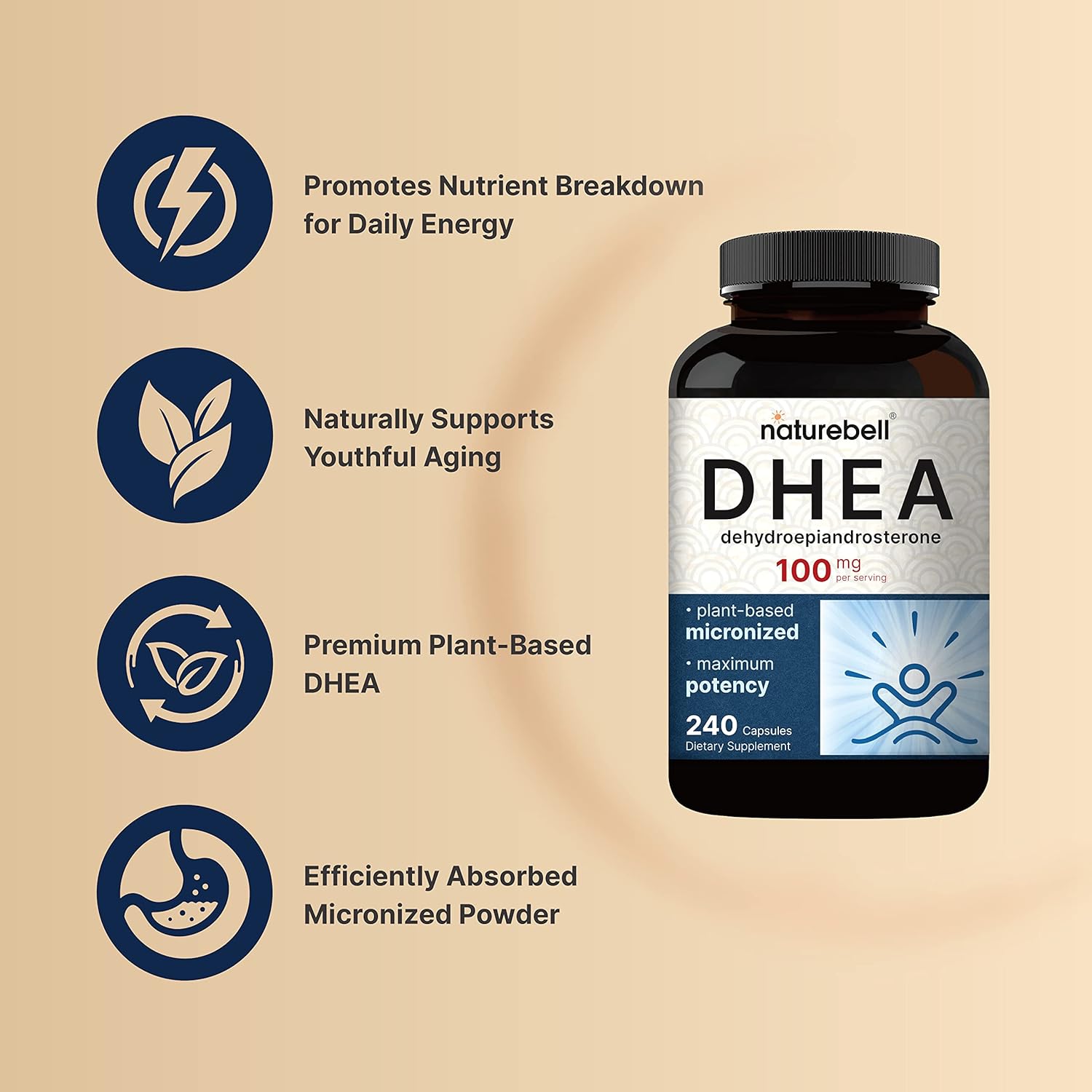 NatureBell DHEA 100mg Capsules - Extra Strength Micronized Grade for Energy, Metabolism, and Healthy Aging - Non-GMO Made in USA