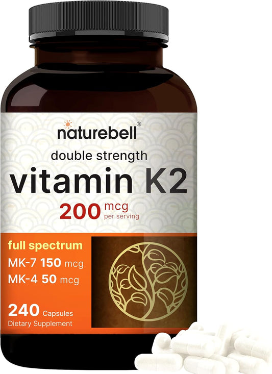 NatureBell Full Spectrum Vitamin K2 Supplement 200mcg 240 Capsules with MK-7 & MK-4 | 2 in 1 K Vitamins Complex for Bone, Joint, and Heart Health - Non-GMO Formula