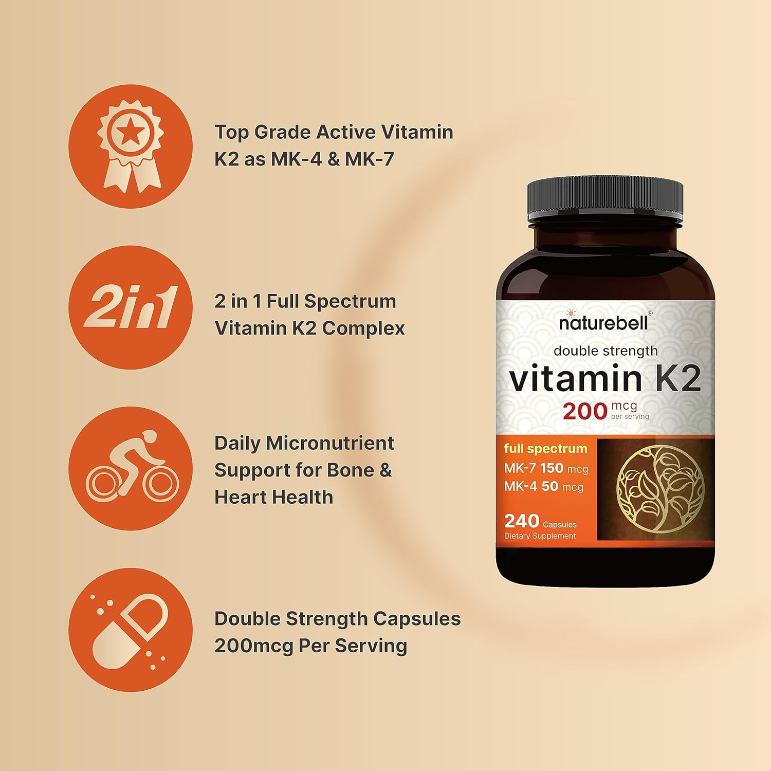 NatureBell Full Spectrum Vitamin K2 Supplement 200mcg 240 Capsules with MK-7 & MK-4 | 2 in 1 K Vitamins Complex for Bone, Joint, and Heart Health - Non-GMO Formula