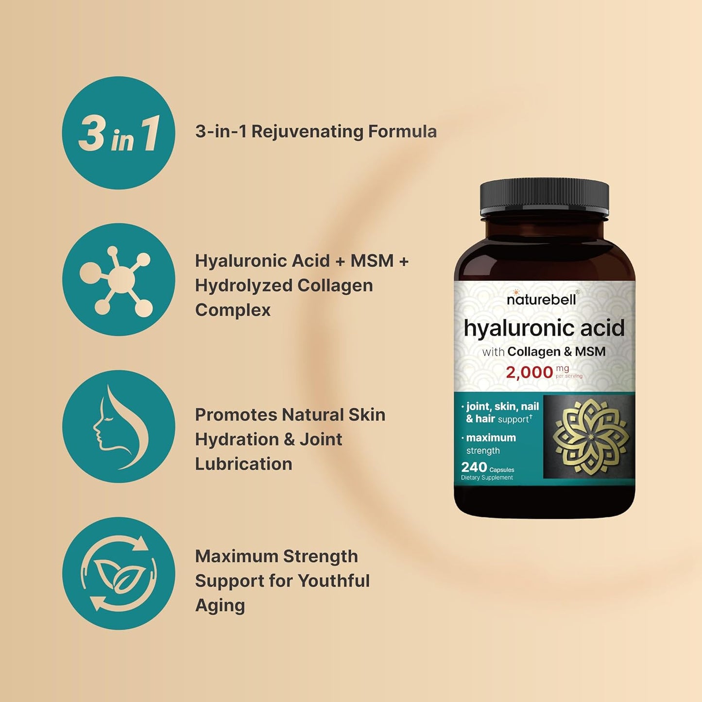 NatureBell Hyaluronic Acid Supplements 2,000mg - 2 Pack, 480 Capsules with MSM & Collagen for Skin, Joints, Hair, Eyes - 3-in-1 Support