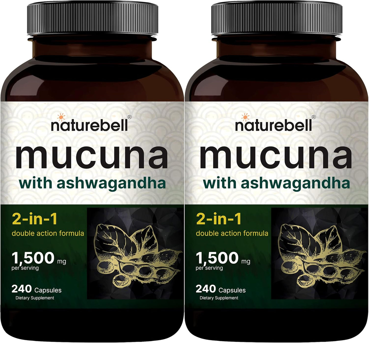 NatureBell Mucuna Pruriens Capsules 2-Pack - 1500mg Per Serving - Mucuna & Ashwagandha Blend - 480 Capsules - Mood, Mind, & Brain Health Support