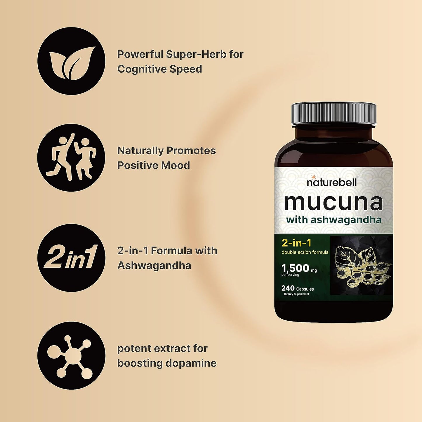 NatureBell Mucuna Pruriens Capsules 2-Pack - 1500mg Per Serving - Mucuna & Ashwagandha Blend - 480 Capsules - Mood, Mind, & Brain Health Support