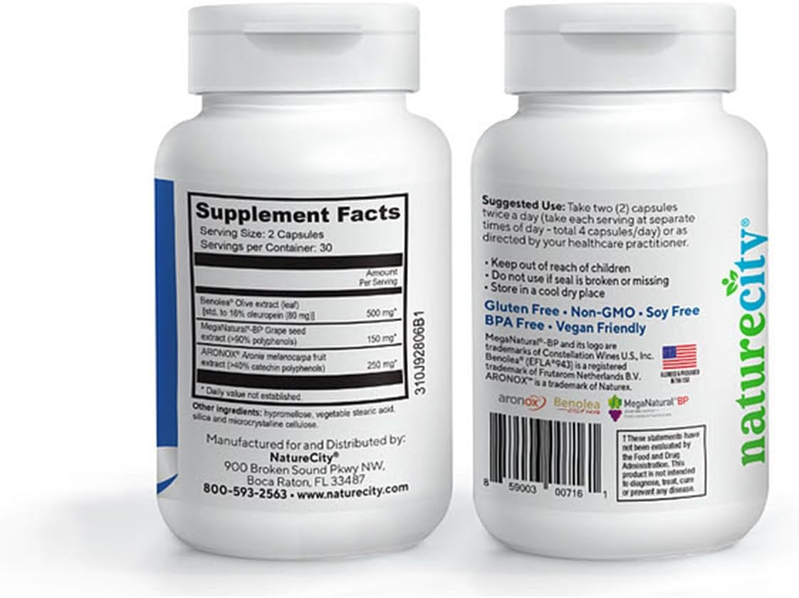 NatureCity True-BP: Heart Health Supplements for Blood Flow Support - MegaNatural-BP 80mg with 16% Oleuropein - 60 Capsules