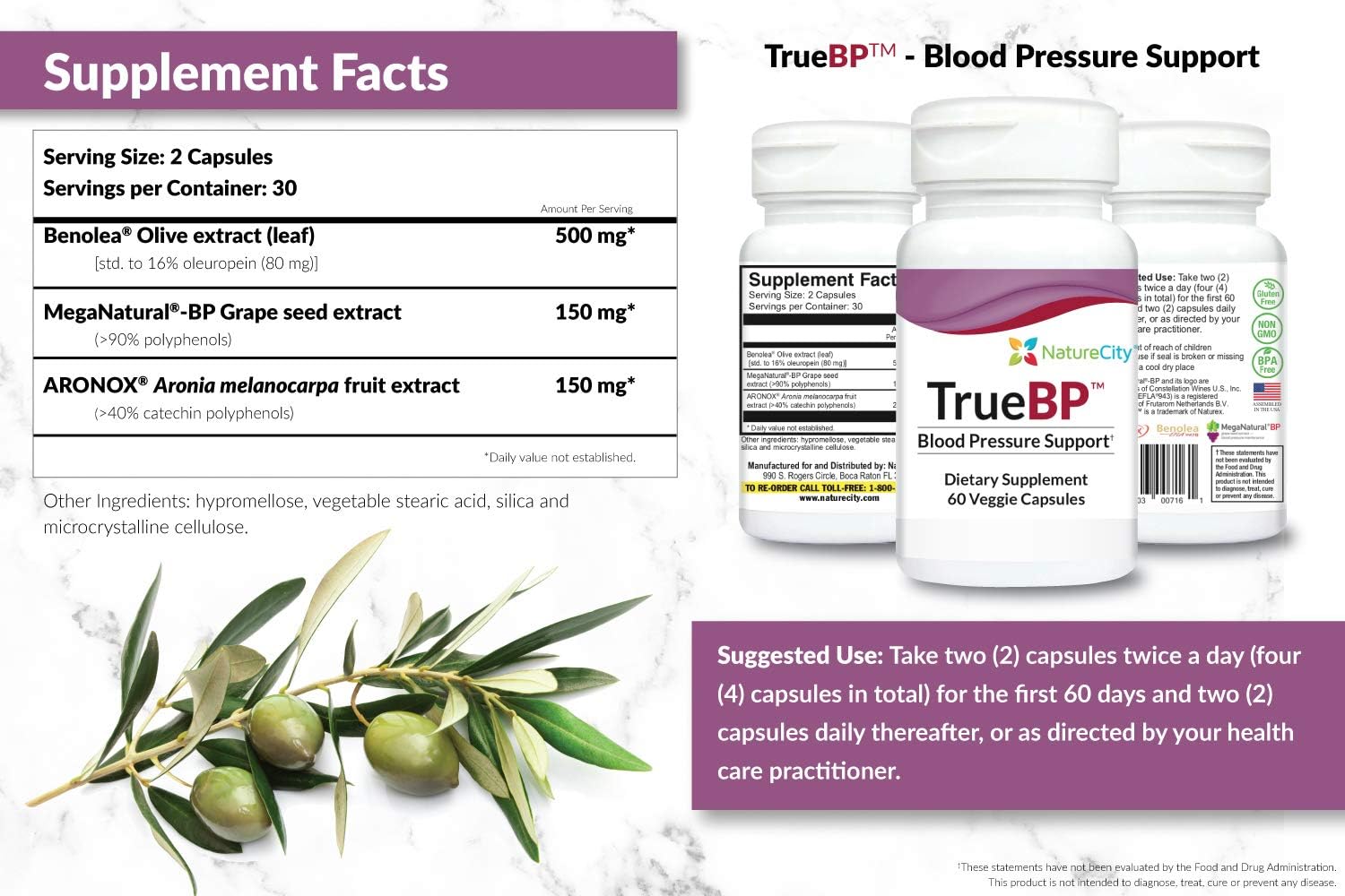 NatureCity True-BP: Heart Health Supplements for Blood Flow Support - MegaNatural-BP 80mg with 16% Oleuropein - 60 Capsules