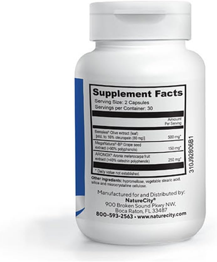 NatureCity True-BP: Heart Health Supplements for Blood Flow Support - MegaNatural-BP 80mg with 16% Oleuropein - 60 Capsules