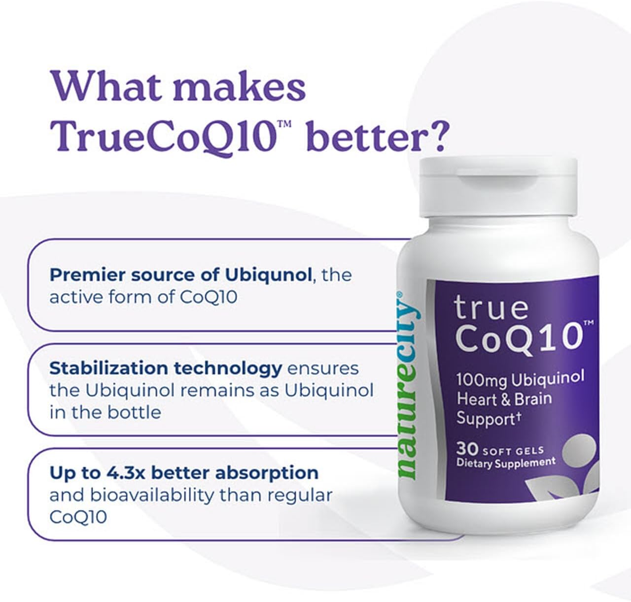 NatureCity True-CoQ10 Ubiquinol 100mg - Kaneka QH CoQ10 Heart, Brain, Cellular Energy - 30 Soft Gels - Active Ubiquinol Formula
