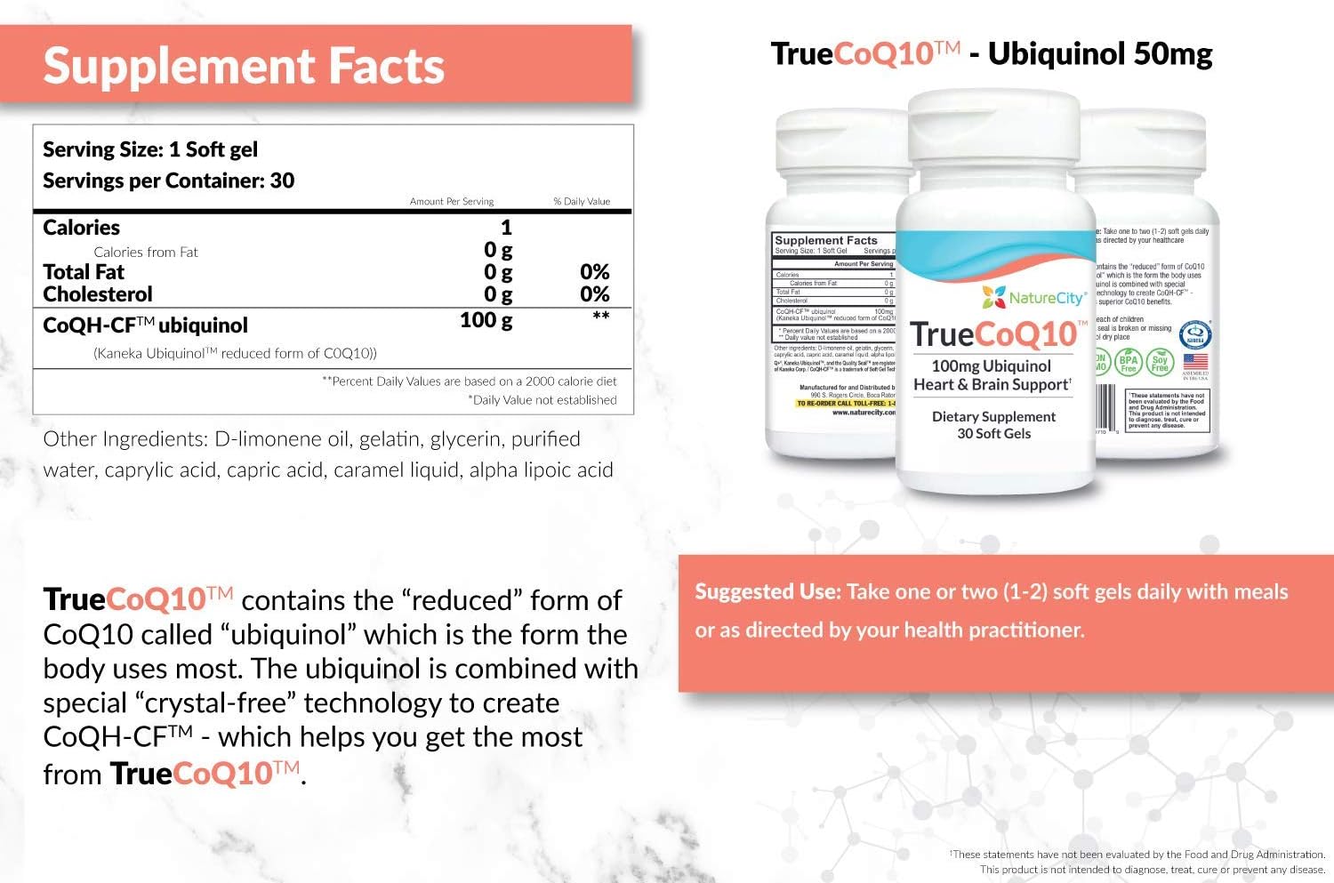 NatureCity True-CoQ10 Ubiquinol 100mg - Kaneka QH CoQ10 Heart, Brain, Cellular Energy - 30 Soft Gels - Active Ubiquinol Formula