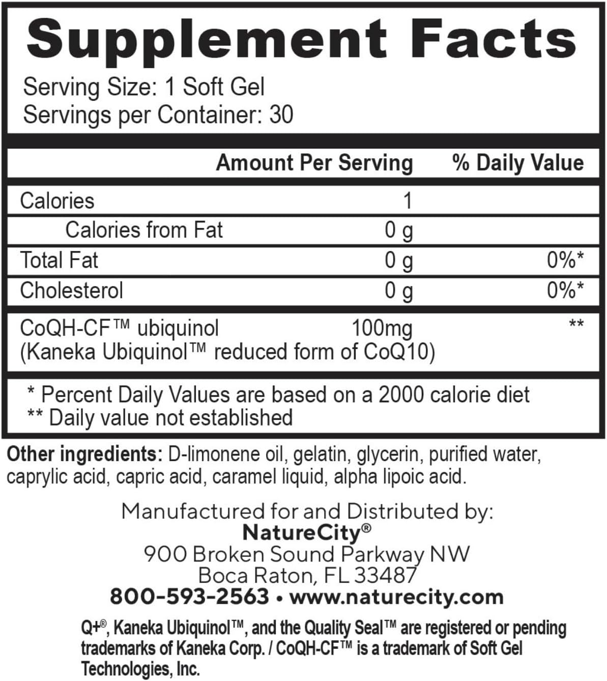 NatureCity True-CoQ10 Ubiquinol 100mg - Kaneka QH CoQ10 Heart, Brain, Cellular Energy - 30 Soft Gels - Active Ubiquinol Formula