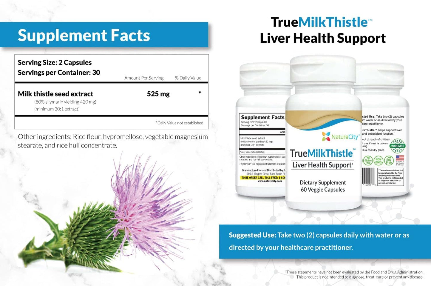 NatureCity TrueMilkThistle 525mg - High-Potency Liver & Antioxidant Support - 60 Veggie Capsules