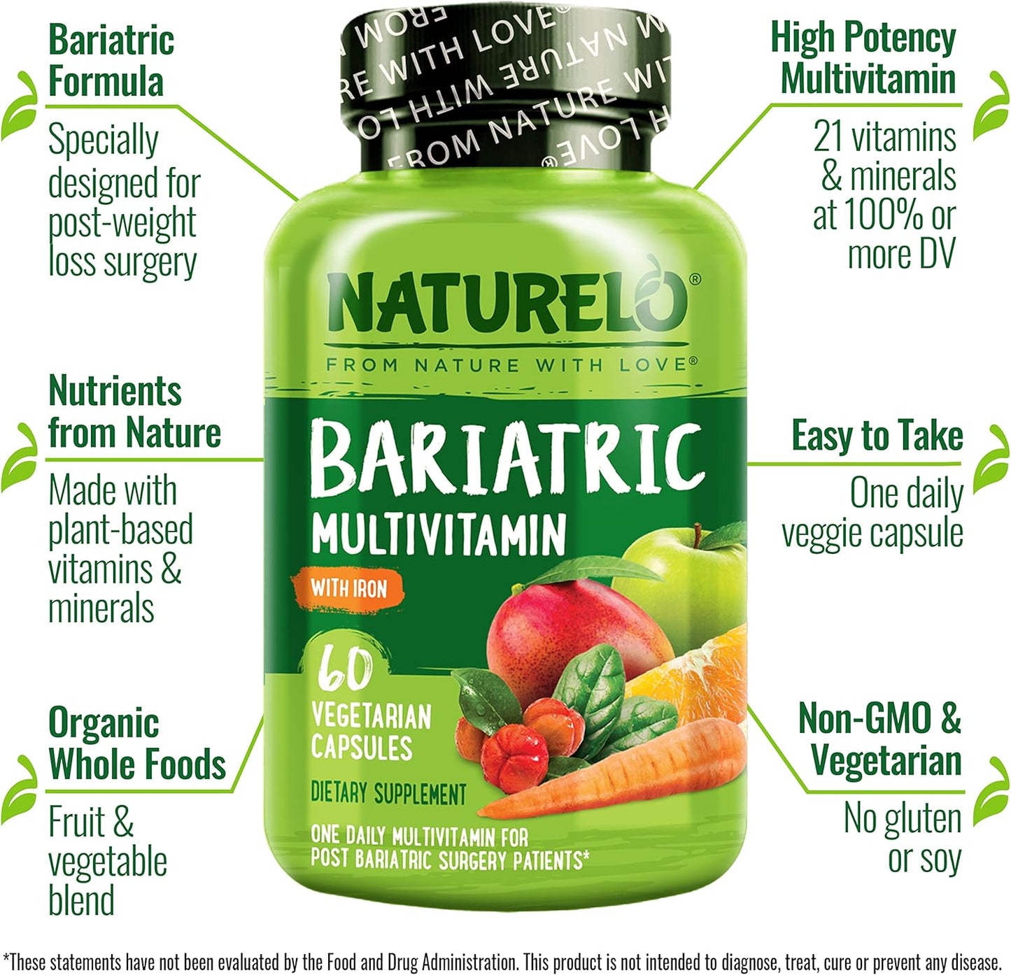 NATURELO Bariatric Multivitamin with Iron - Daily Supplement for Post Gastric Bypass - Whole Food Nutrition - 60 Capsules
