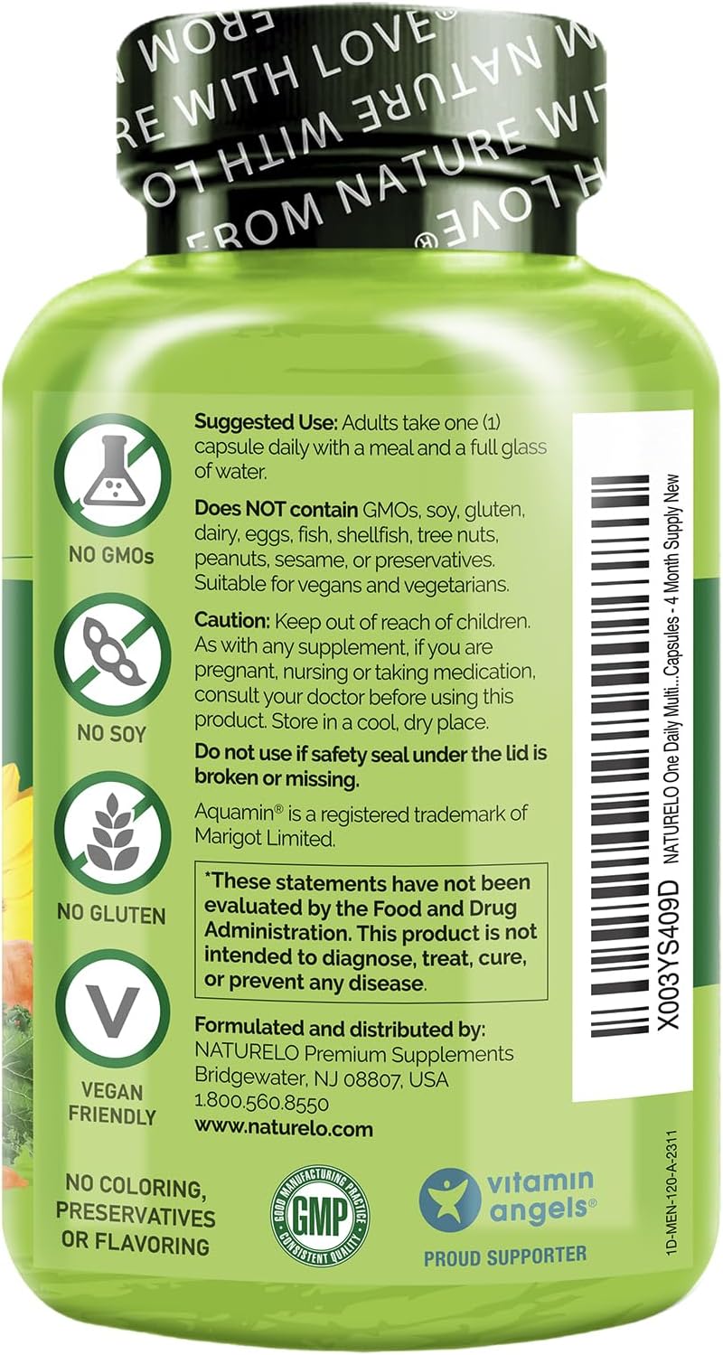 NATURELO Men's One Daily Multivitamin - 120 Vegetarian Capsules with Organic Whole Foods, Minerals, & Vitamins for Energy & Health