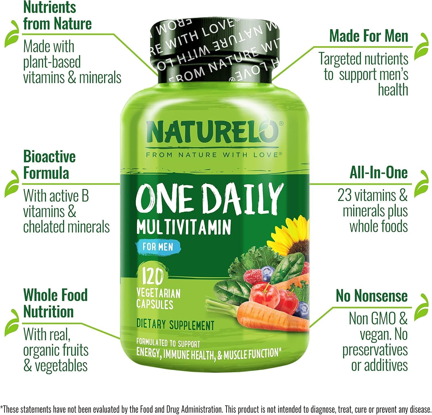 NATURELO Men's One Daily Multivitamin - 120 Vegetarian Capsules with Organic Whole Foods, Minerals, & Vitamins for Energy & Health