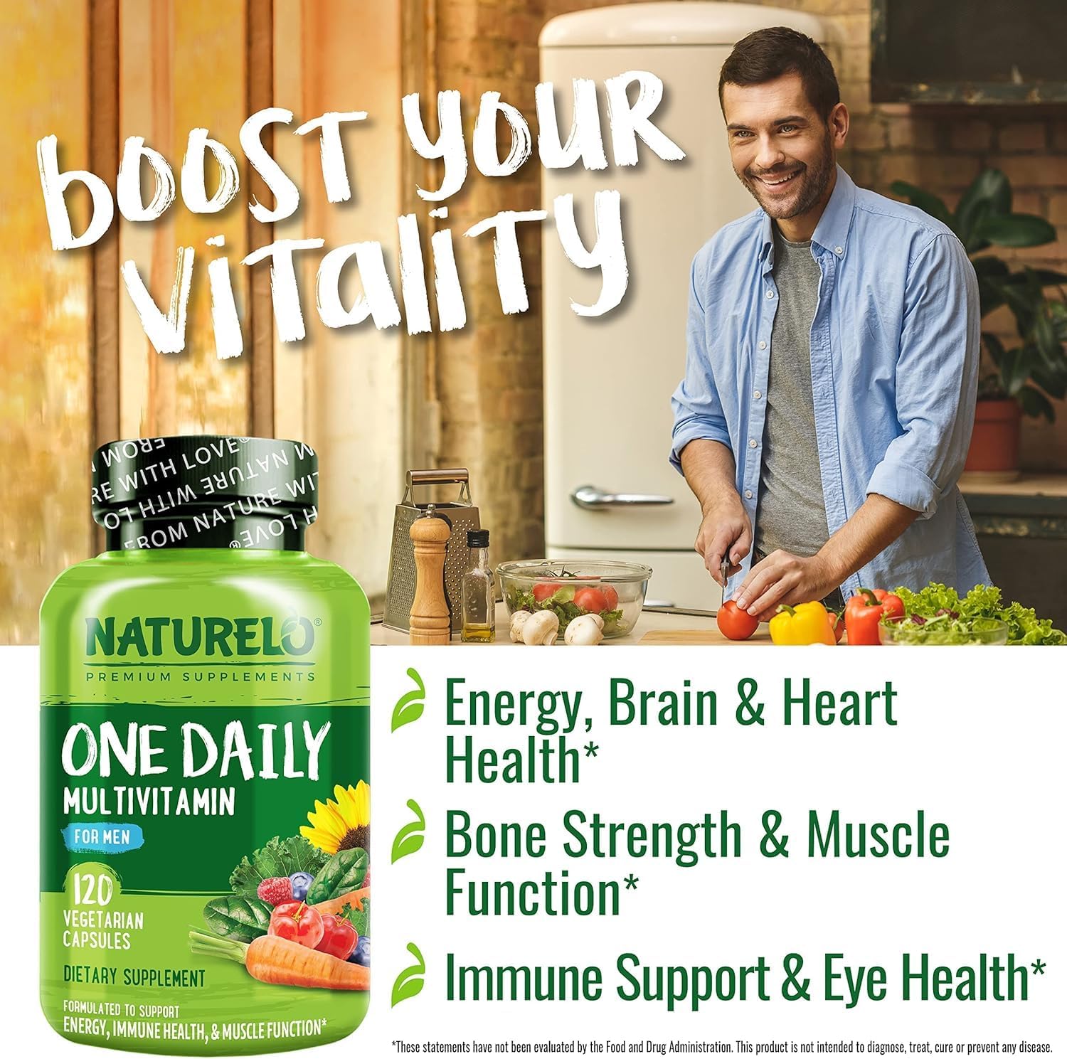 NATURELO Men's One Daily Multivitamin - 120 Vegetarian Capsules with Organic Whole Foods, Minerals, & Vitamins for Energy & Health