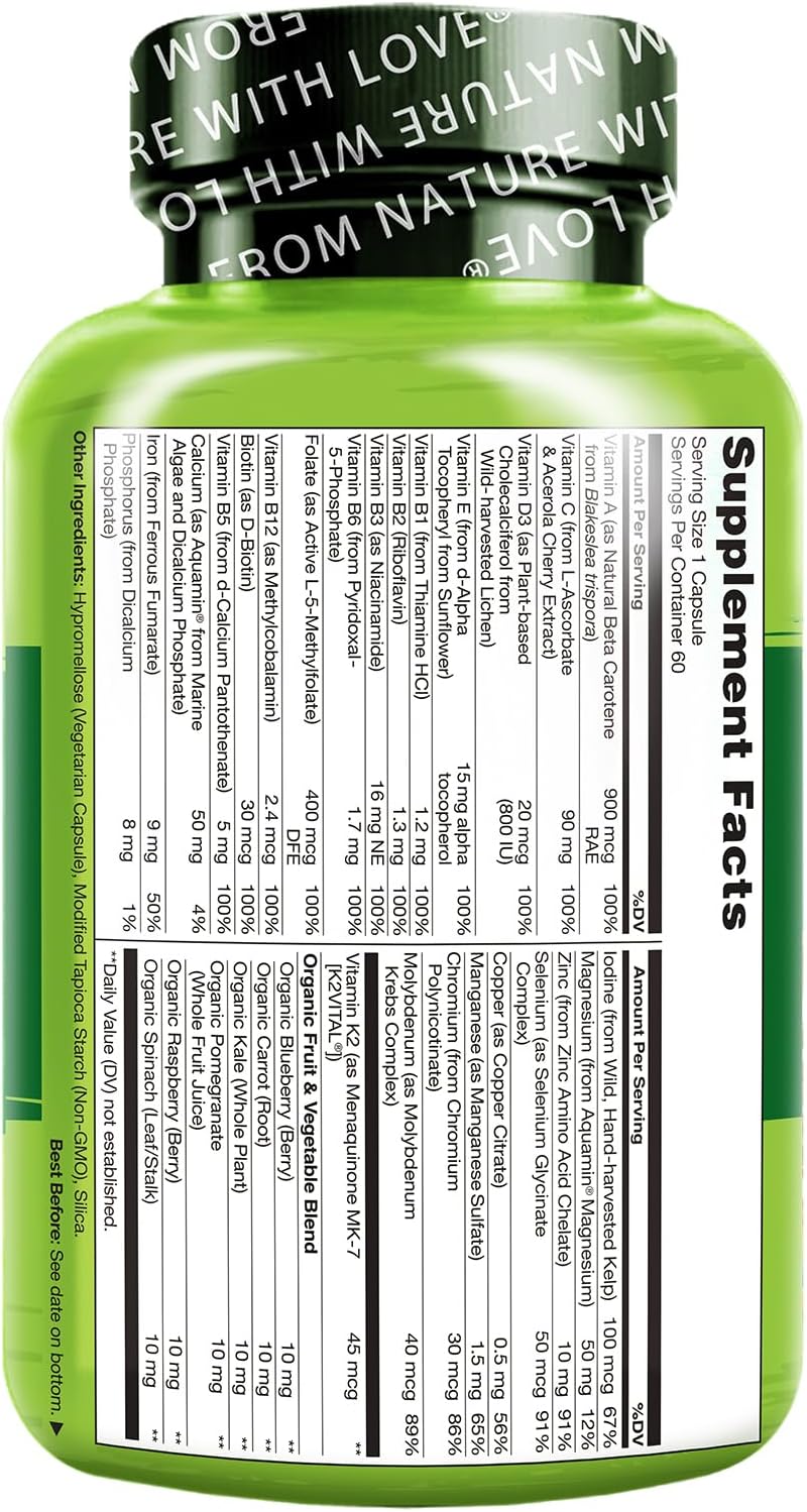 NATURELO One Daily Multivitamin for Women - Energy Support - Whole Food Supplement - Hair, Skin, Nails - Non-GMO - Gluten Free - 60 Capsules