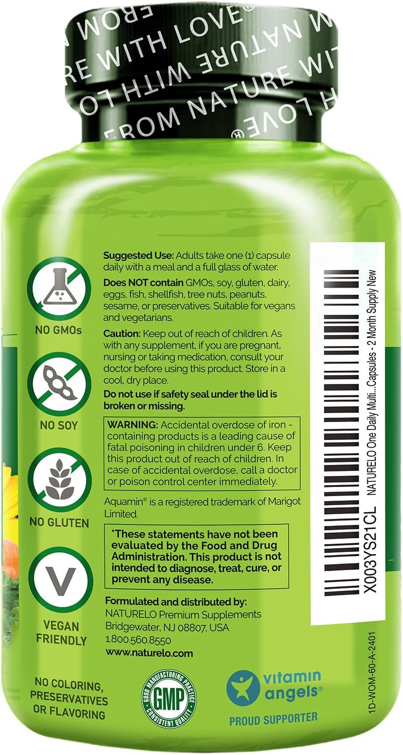 NATURELO One Daily Multivitamin for Women - Energy Support - Whole Food Supplement - Hair, Skin, Nails - Non-GMO - Gluten Free - 60 Capsules