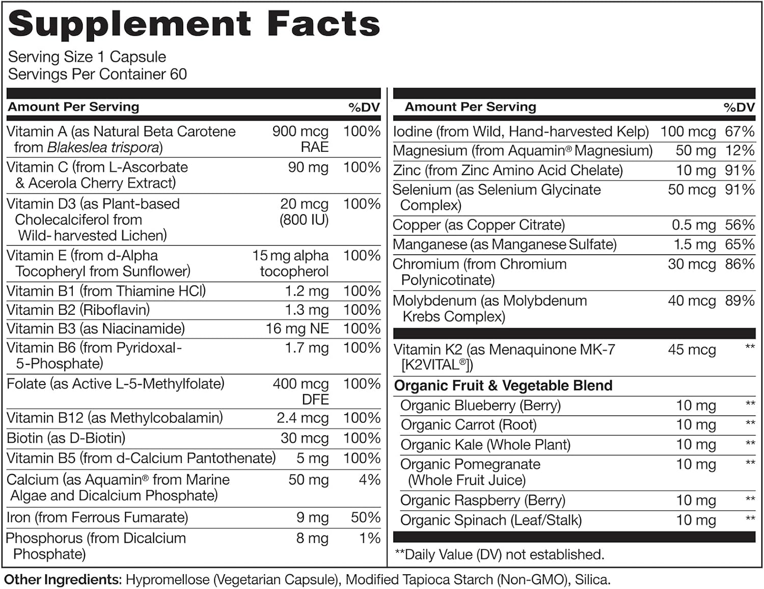 NATURELO One Daily Multivitamin for Women - Energy Support - Whole Food Supplement - Hair, Skin, Nails - Non-GMO - Gluten Free - 60 Capsules