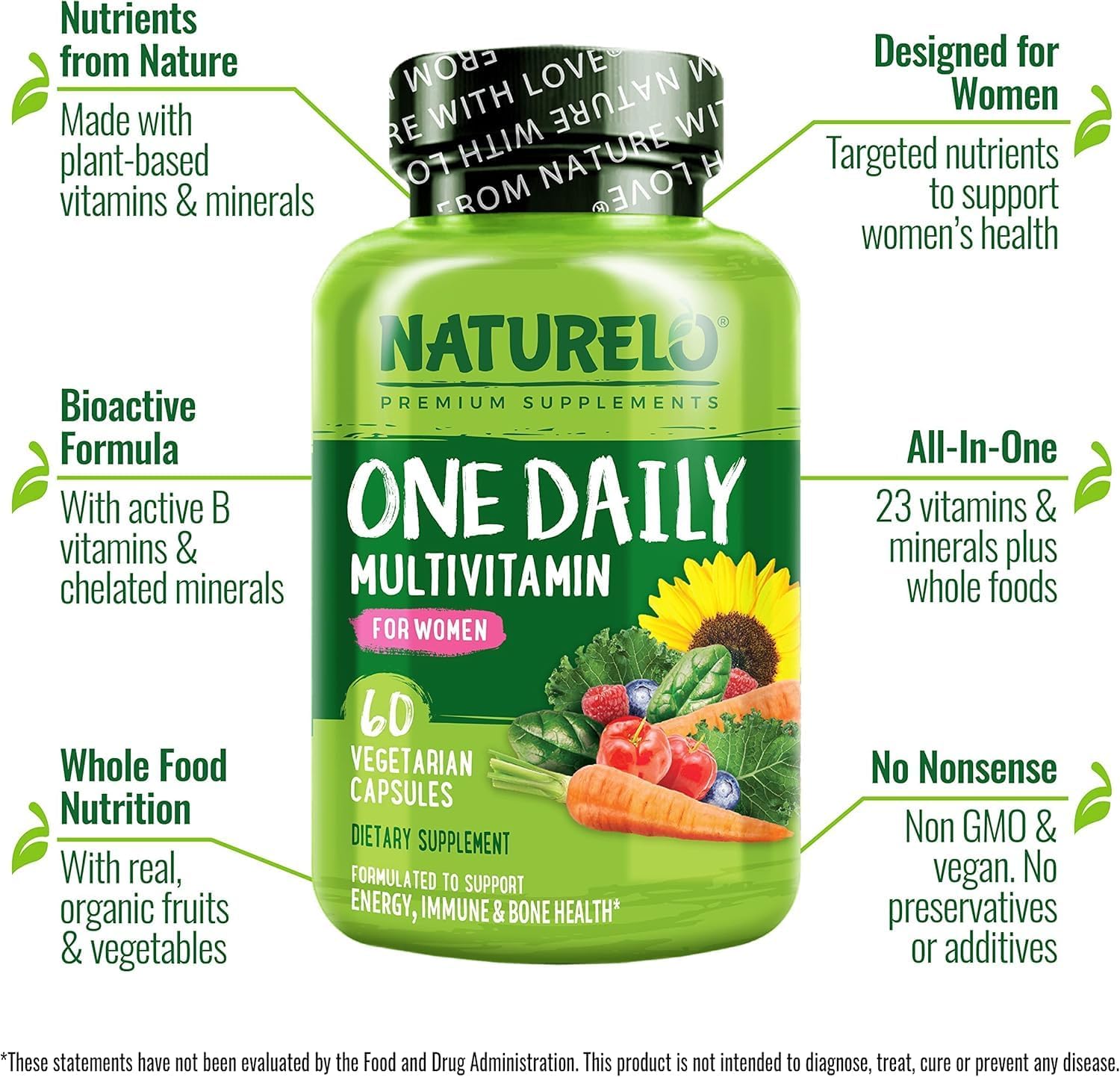 NATURELO One Daily Multivitamin for Women - Energy Support - Whole Food Supplement - Hair, Skin, Nails - Non-GMO - Gluten Free - 60 Capsules