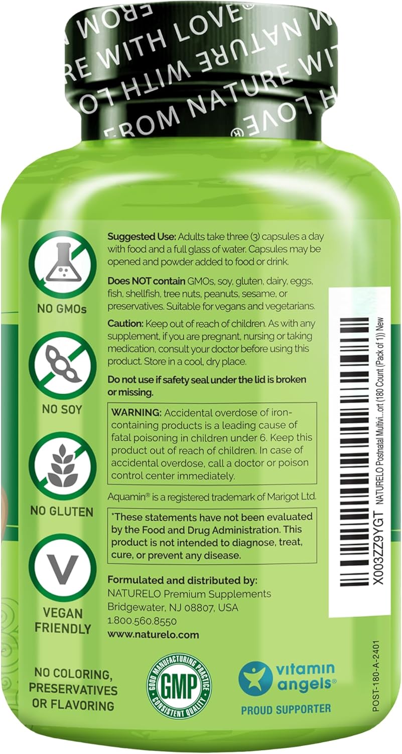 NATURELO Postnatal Multivitamin for Breastfeeding Women - Plant-Based with Vitamin D, Folate, Iron - Lactation Support Supplement for Nursing Mother and Baby (180 Count)