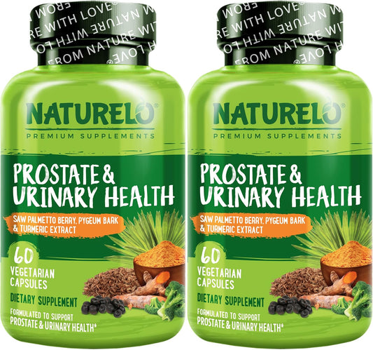 NATURELO Prostate & Urinary Health Supplement - 60 Vegetarian Capsules x 2 Pack - Saw Palmetto, Pygeum, Turmeric, Plant Sterols, Broccoli, Lycopene - Comprehensive Formula for Men's Health