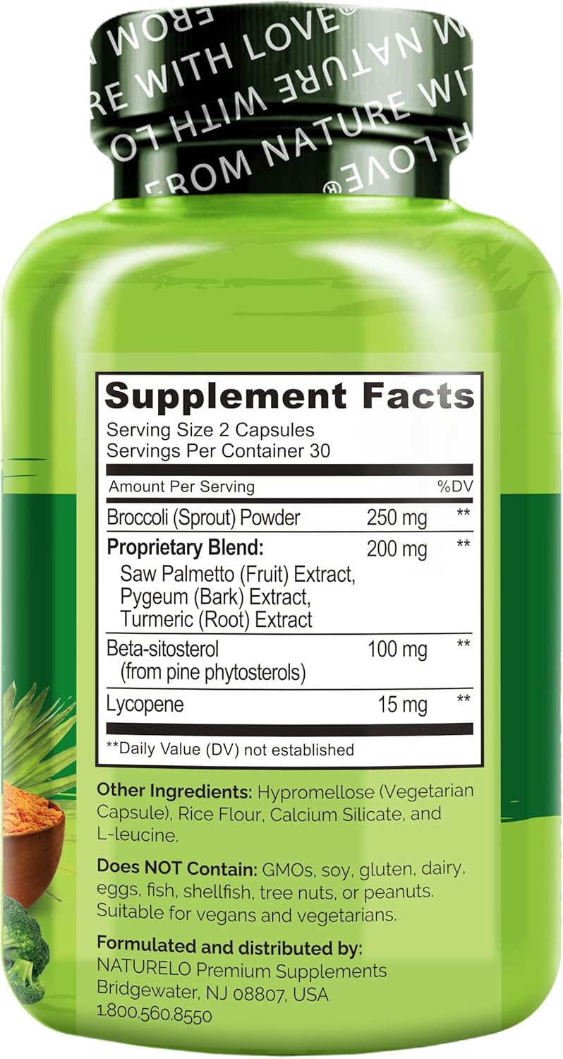NATURELO Prostate & Urinary Health Supplement - 60 Vegetarian Capsules x 2 Pack - Saw Palmetto, Pygeum, Turmeric, Plant Sterols, Broccoli, Lycopene - Comprehensive Formula for Men's Health