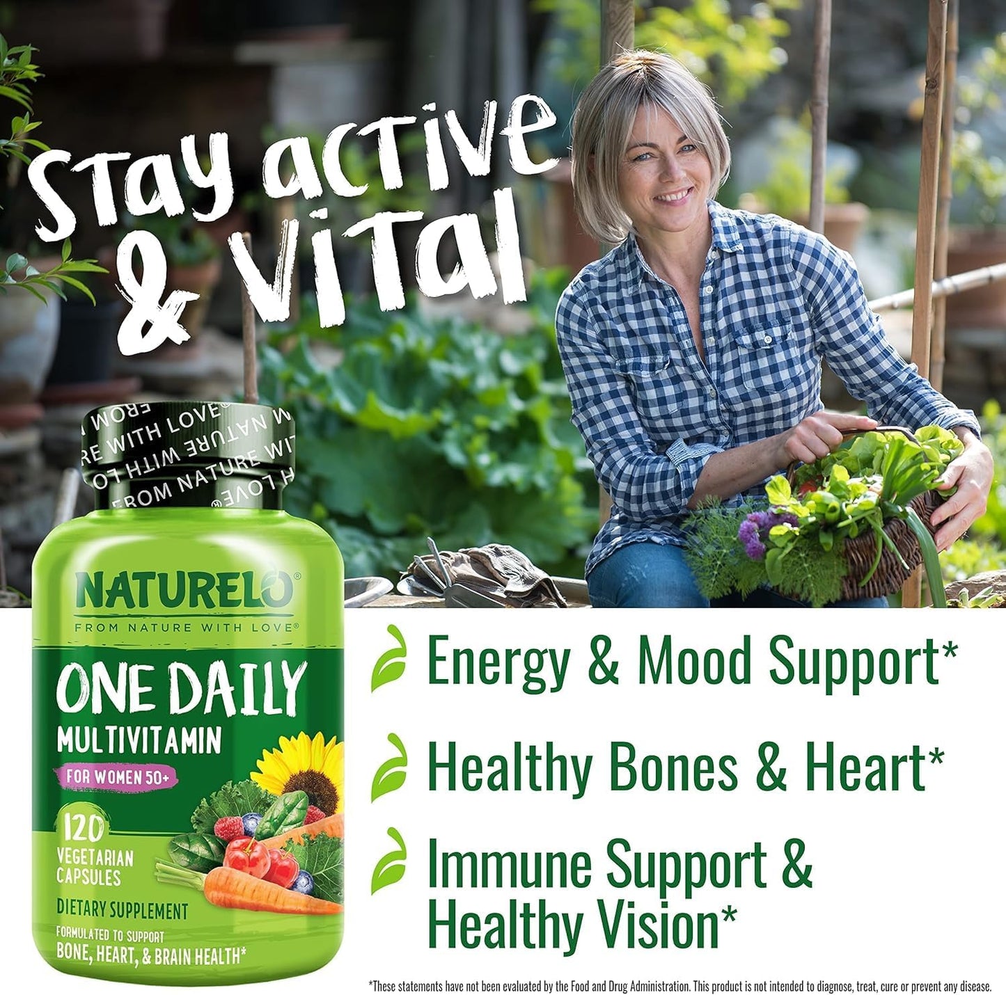 NATURELO Women's 50+ Menopause Support Multivitamin - Whole Food Supplement - Non-GMO - No Soy - 120 Capsules