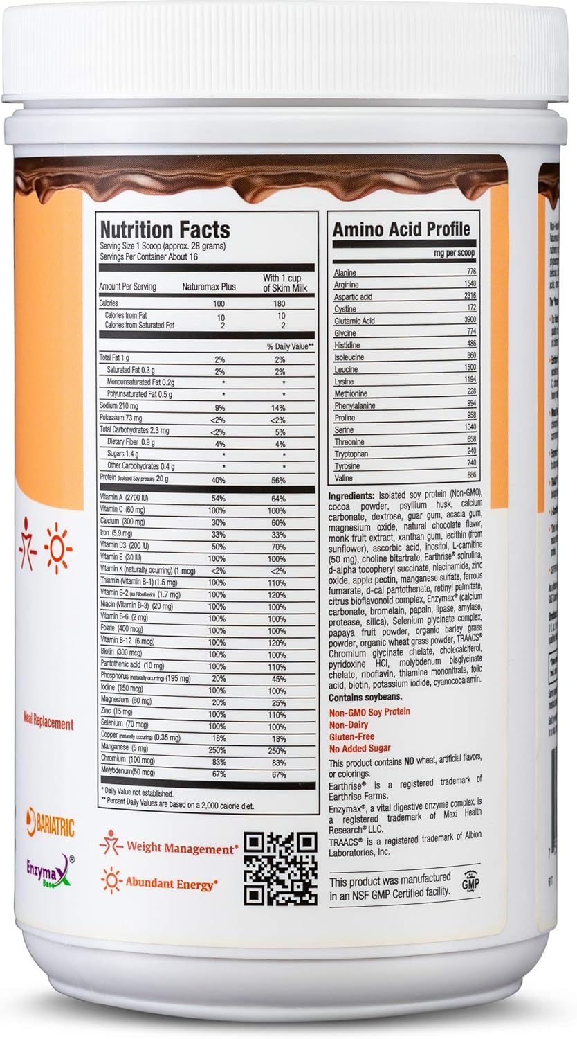 NatureMAX Plus Energy Support Drink: Sugar-Free Soy Protein Powder with 20g Protein - Natural Chocolate Flavor - Kosher Vitamin Supplement - 1lb