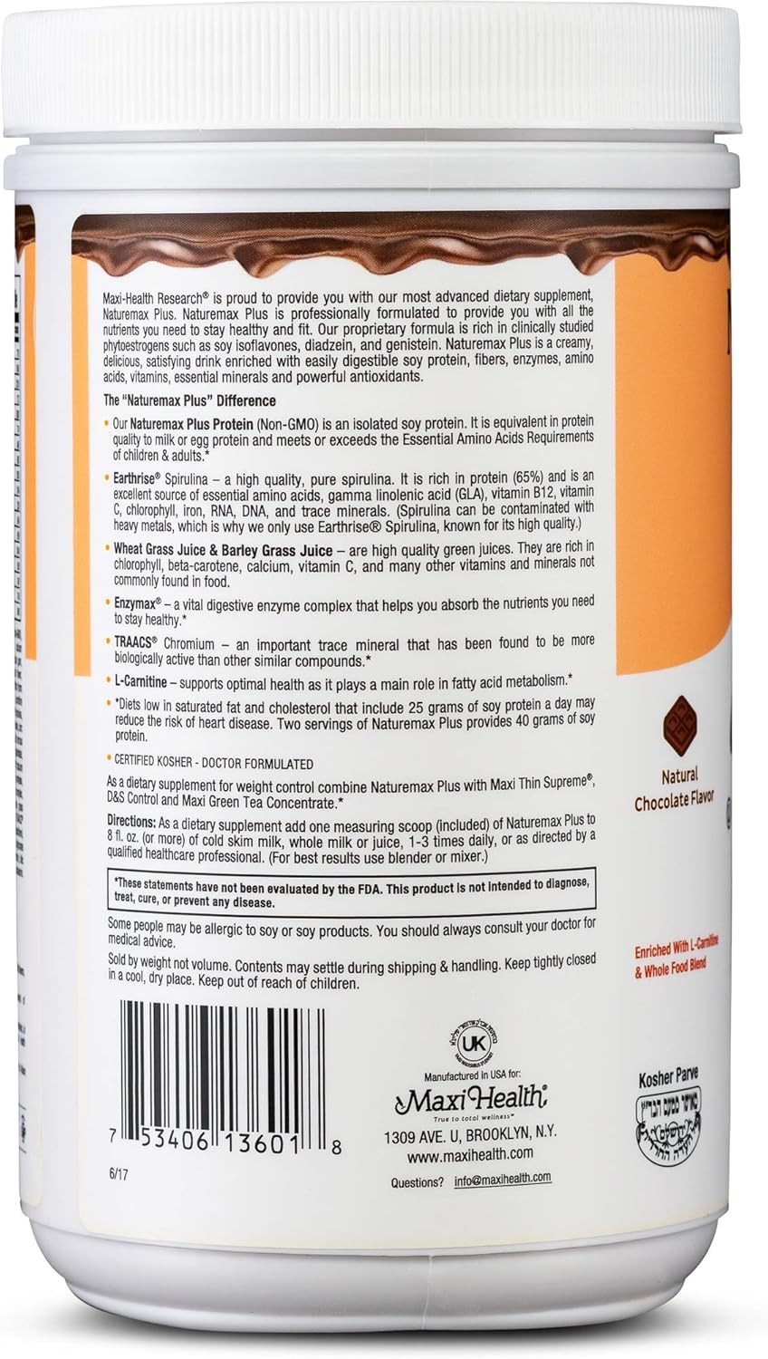 NatureMAX Plus Energy Support Drink: Sugar-Free Soy Protein Powder with 20g Protein - Natural Chocolate Flavor - Kosher Vitamin Supplement - 1lb
