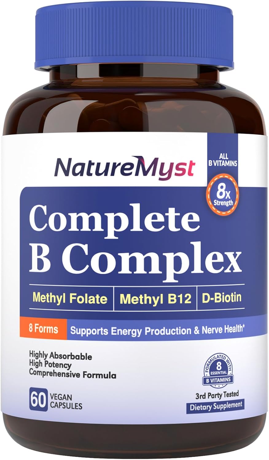NatureMyst Complete B Complex with Methyl B12 & Folate, Biotin, P-5-P, Vegan Caps - Energy Production & Highly Absorbable
