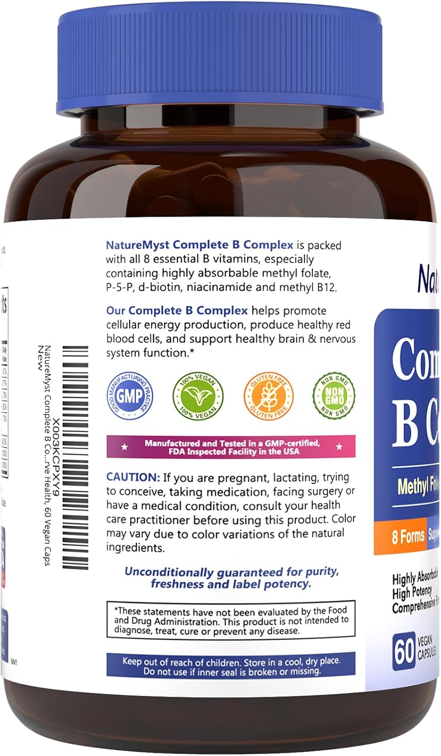 NatureMyst Complete B Complex with Methyl B12 & Folate, Biotin, P-5-P, Vegan Caps - Energy Production & Highly Absorbable