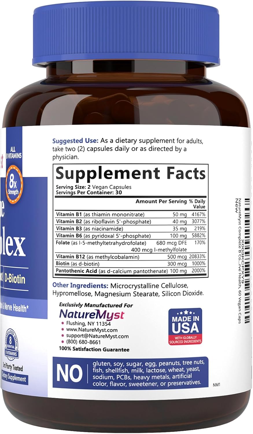 NatureMyst Complete B Complex with Methyl B12 & Folate, Biotin, P-5-P, Vegan Caps - Energy Production & Highly Absorbable