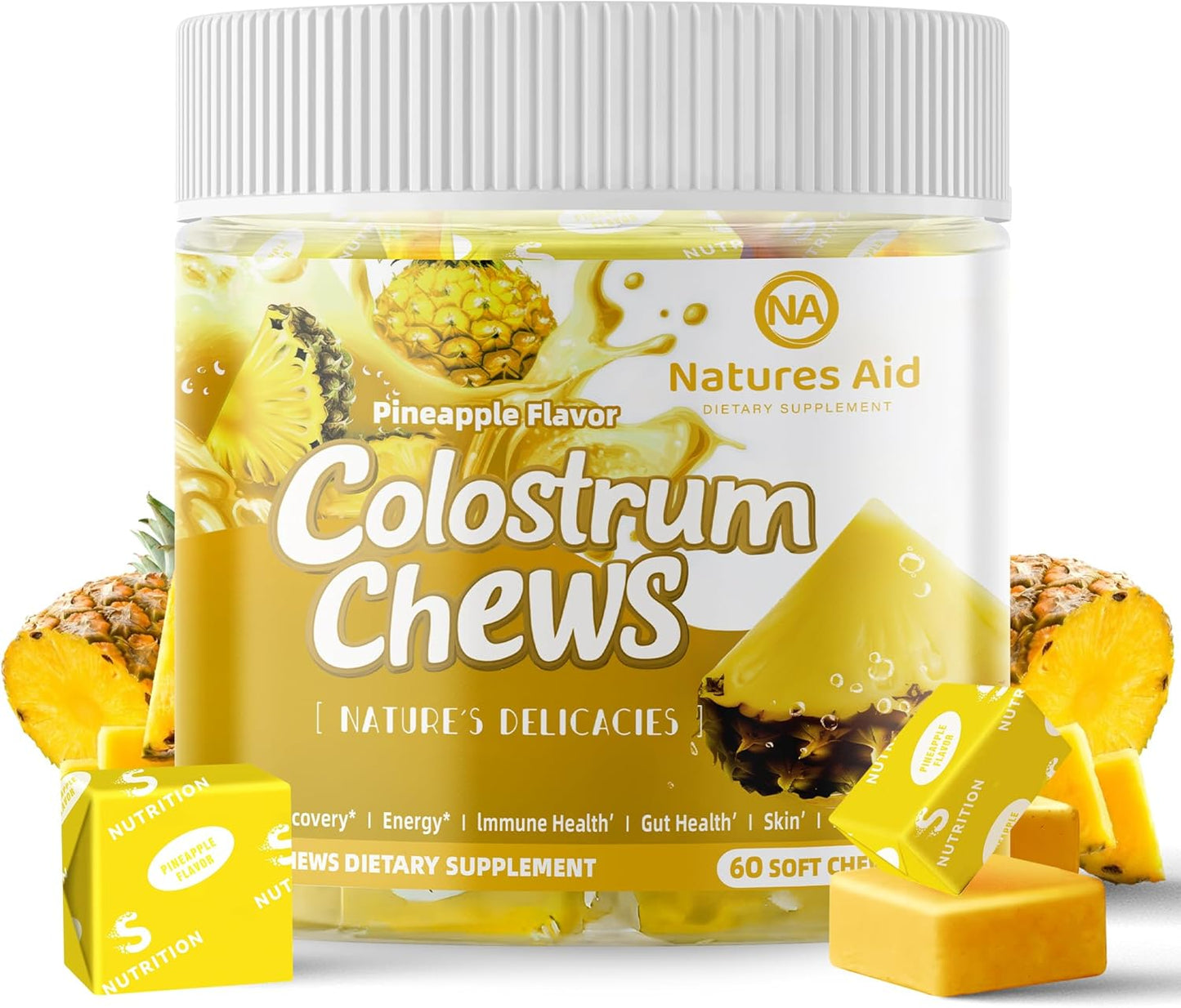 Natures Aid Colostrum Chews Supplement with Probiotics for Gut Health, Immune Support, Skin, Hair Growth - Pineapple Flavor (60 Servings)