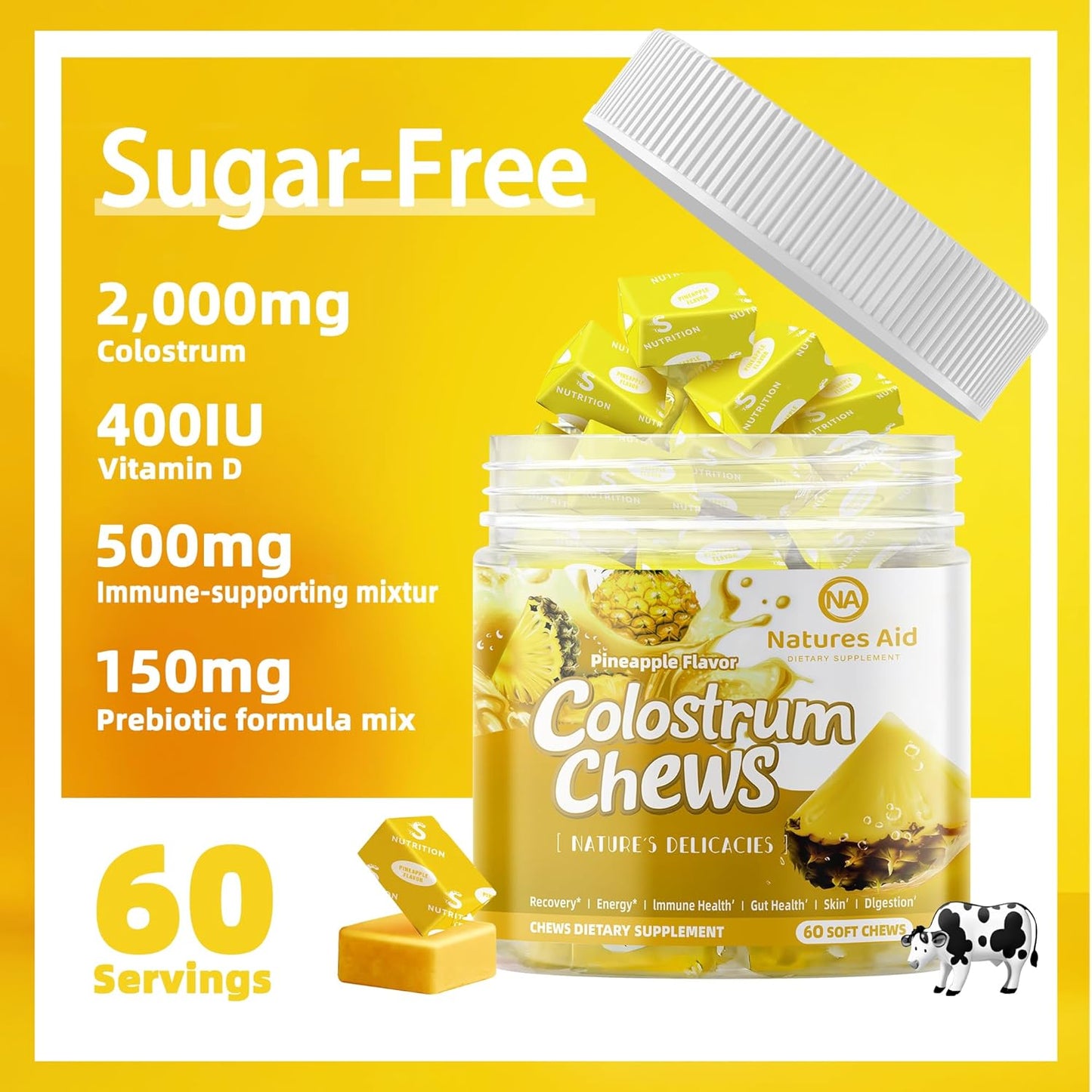 Natures Aid Colostrum Chews Supplement with Probiotics for Gut Health, Immune Support, Skin, Hair Growth - Pineapple Flavor (60 Servings)