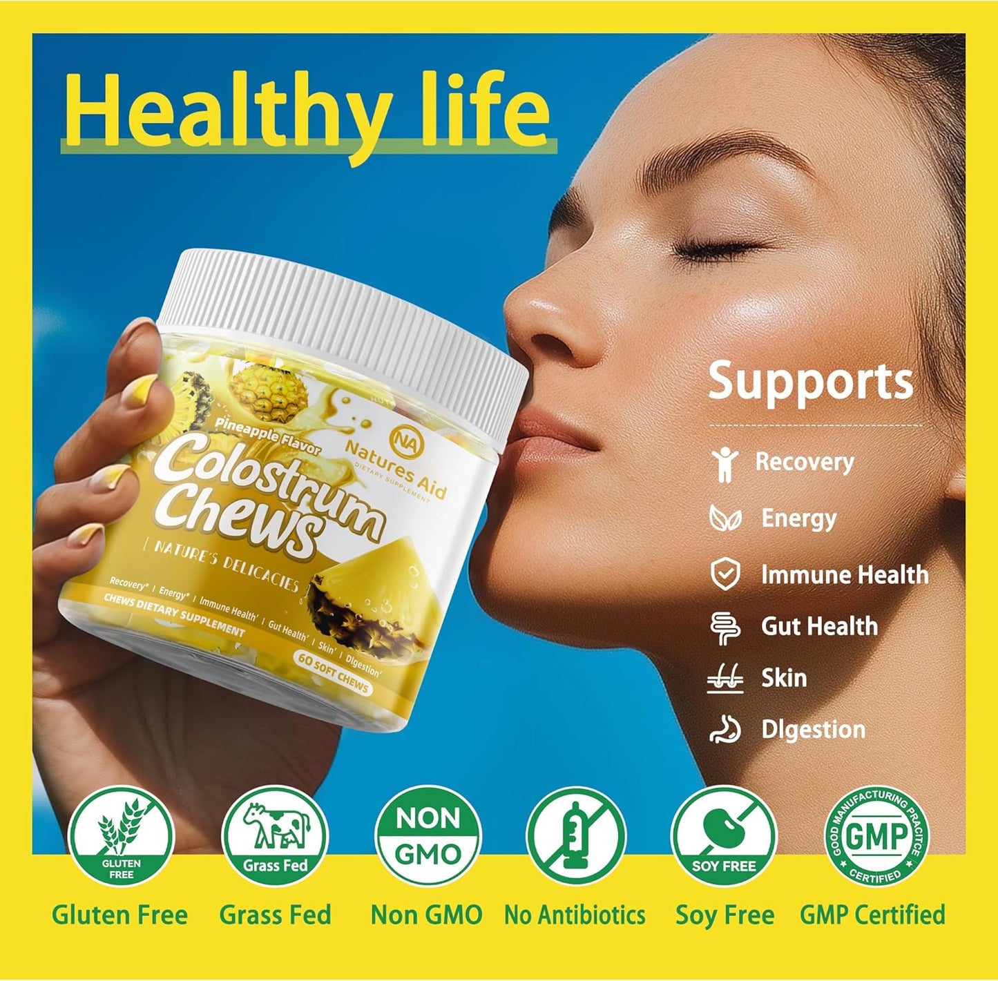 Natures Aid Colostrum Chews Supplement with Probiotics for Gut Health, Immune Support, Skin, Hair Growth - Pineapple Flavor (60 Servings)