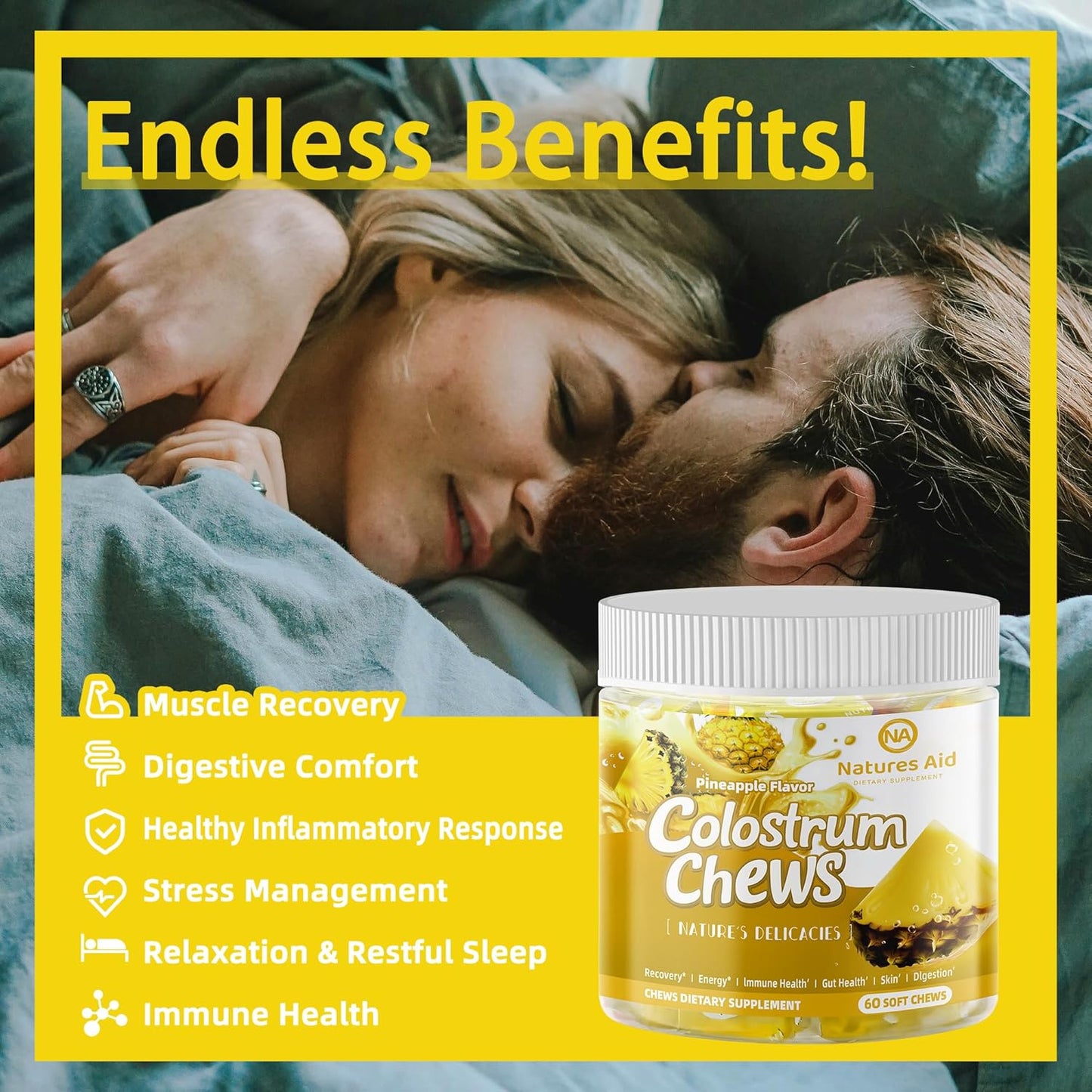 Natures Aid Colostrum Chews Supplement with Probiotics for Gut Health, Immune Support, Skin, Hair Growth - Pineapple Flavor (60 Servings)