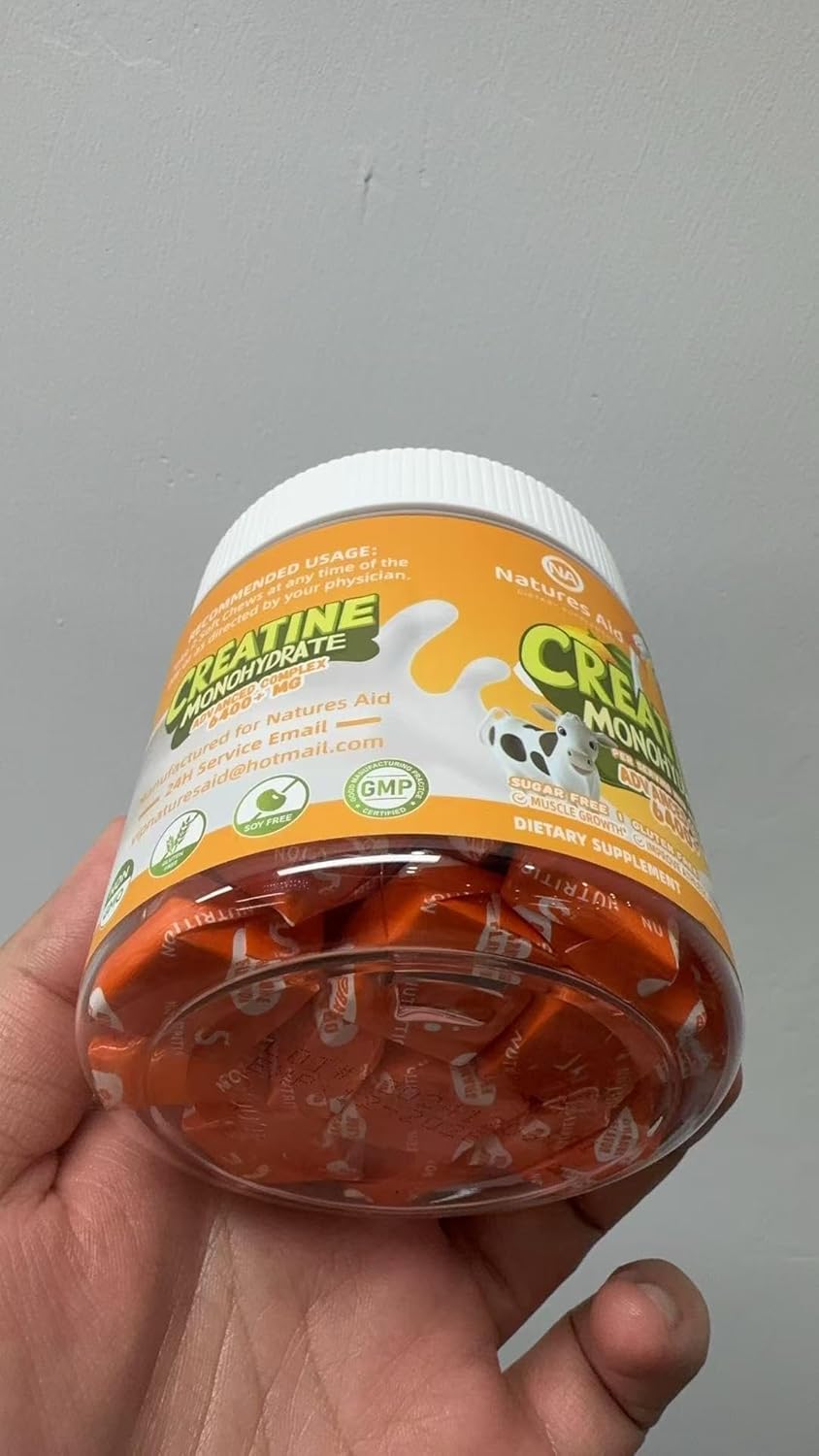 Natures Aid Creatine Monohydrate Softchews with L-Taurine and Vitamin B12 - Advanced Formula for Men and Women, Sugar-Free Supplement