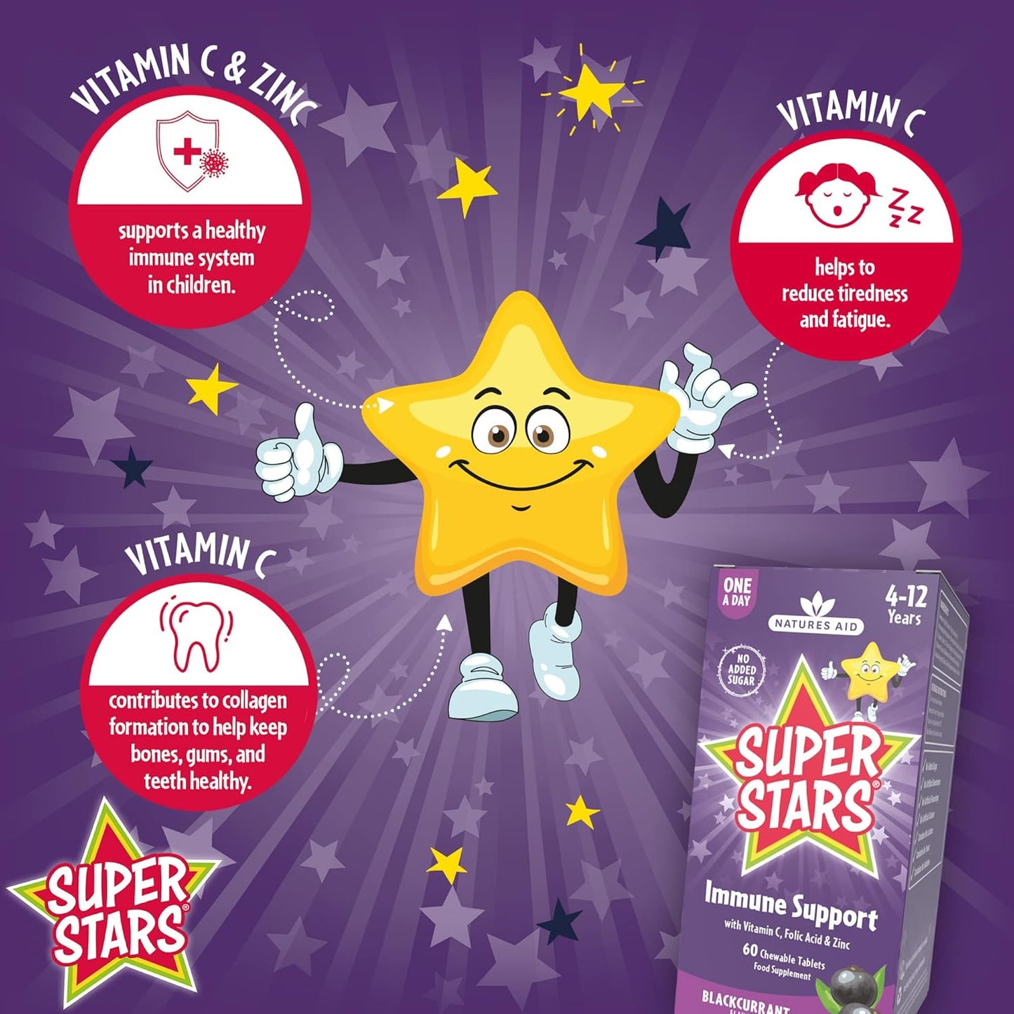 Natures Aid Hemir Super Stars Immune Support Chewable Tablets for Children 4-12 Years - 60 Count