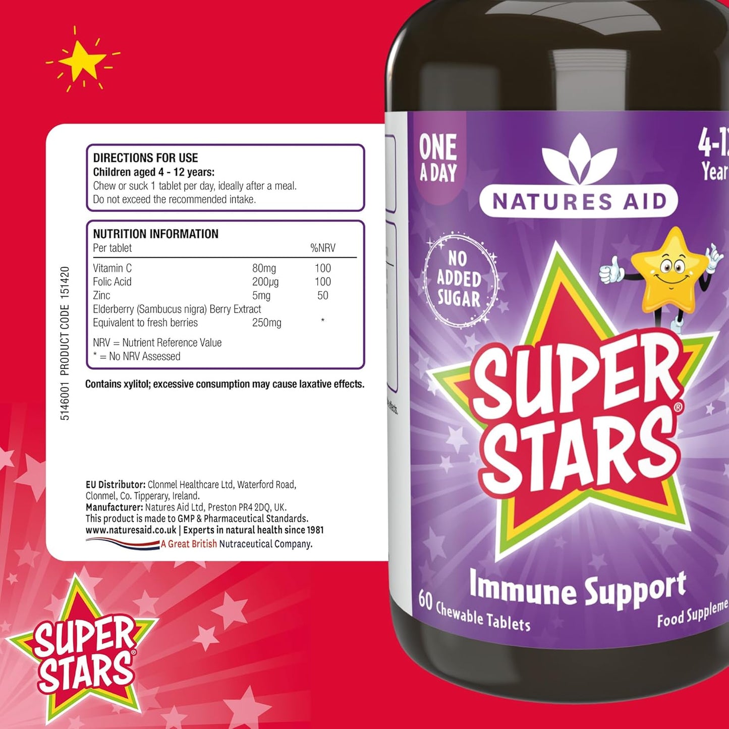 Natures Aid Hemir Super Stars Immune Support Chewable Tablets for Children 4-12 Years - 60 Count