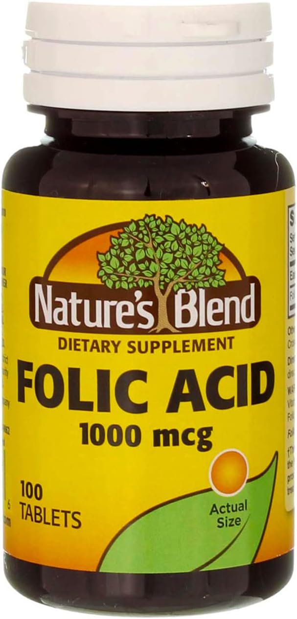 Nature's Blend Folic Acid 1000mcg Tablets - 100 Count (3 Pack) - Natural Source of Folate for Overall Health and Wellness