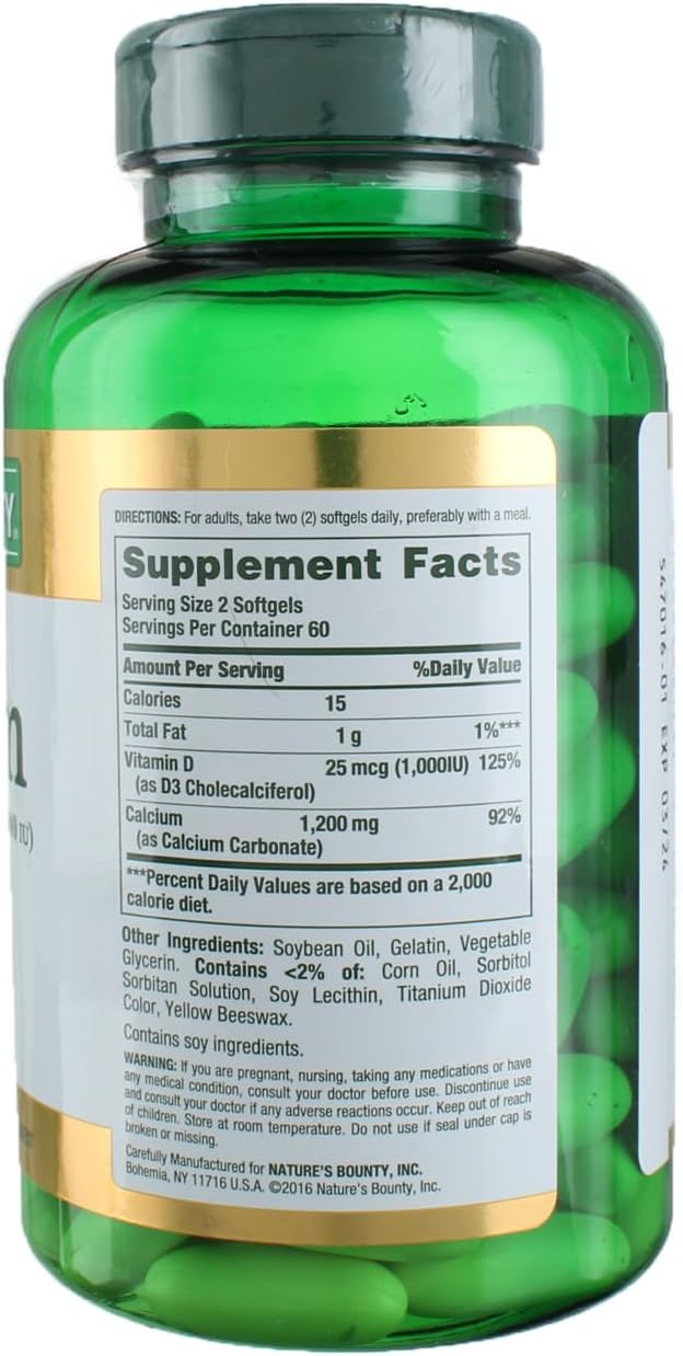 Nature's Bounty Calcium Plus Vitamin D3 1200 mg Capsules - 120 Ct, 3 Pack