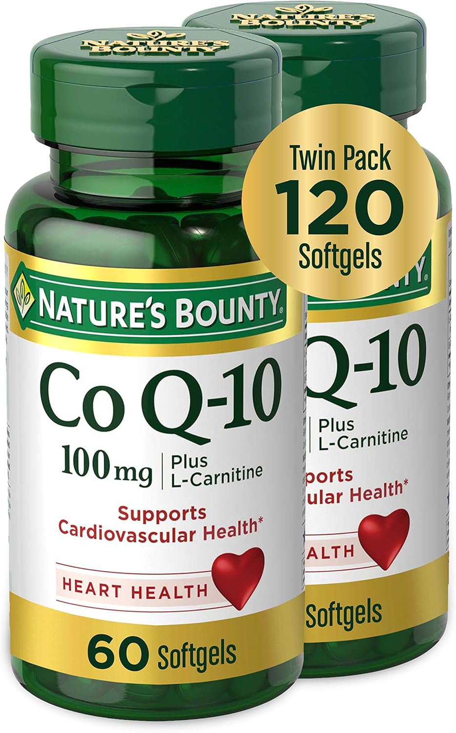 Nature's Bounty CoQ10 with L-Carnitine Softgels, 100mg, Heart Health Support, Twin Pack, 120 Count