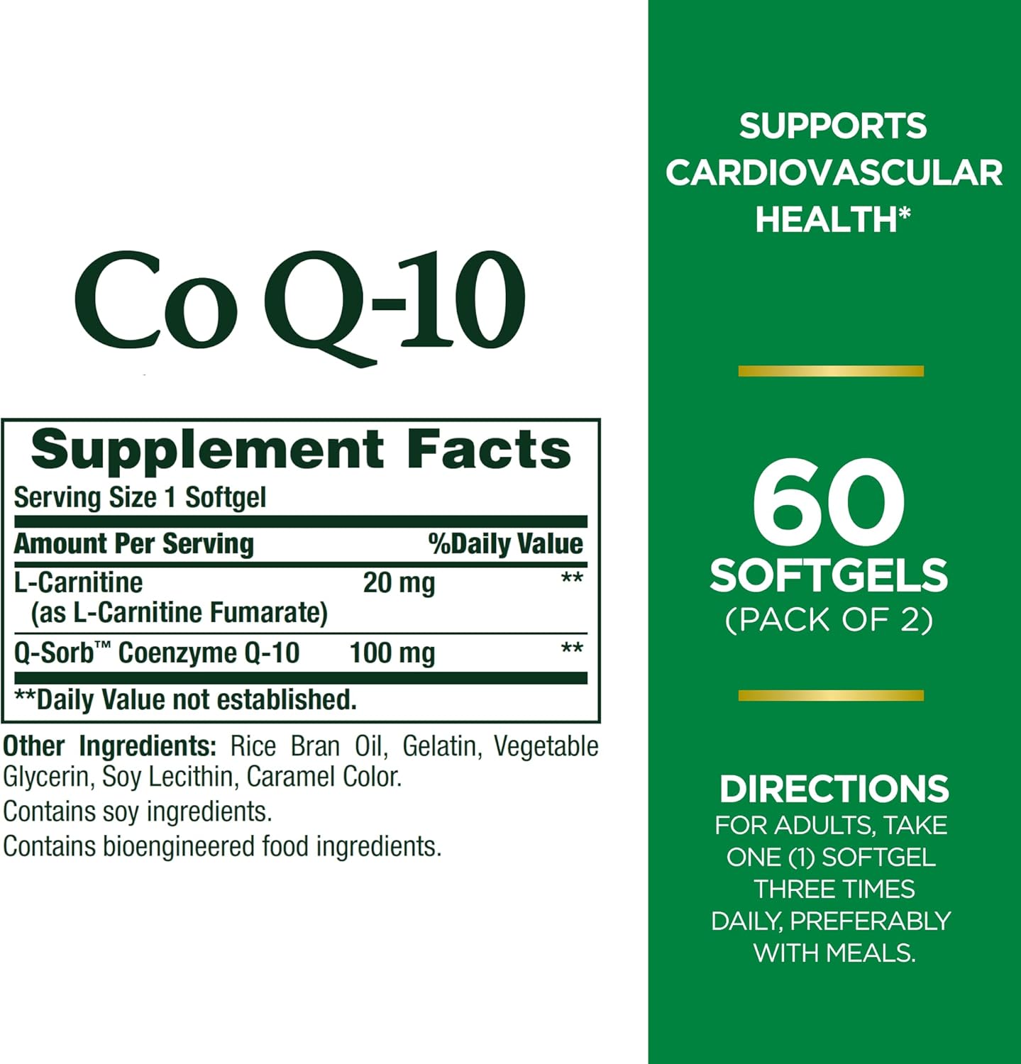 Nature's Bounty CoQ10 with L-Carnitine Softgels, 100mg, Heart Health Support, Twin Pack, 120 Count
