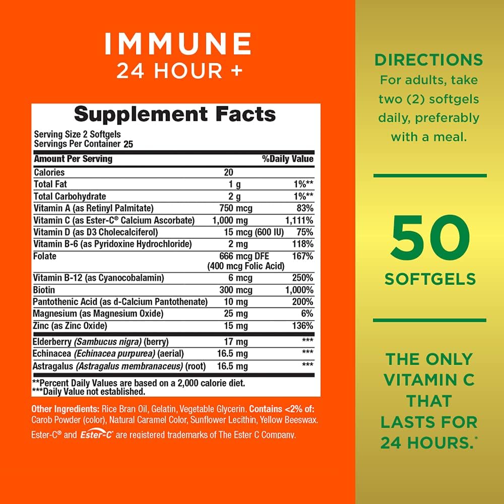 Nature's Bounty Immune 24 Hour + Ester C Vitamin C Softgels, 50 Count for Rapid Immune Support