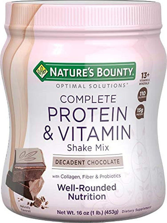 Nature's Bounty Optimal Solutions Complete Protein & Vitamin Shake Mix - Decadent Chocolate, 1 lb, with Vitamin C for Immune Health