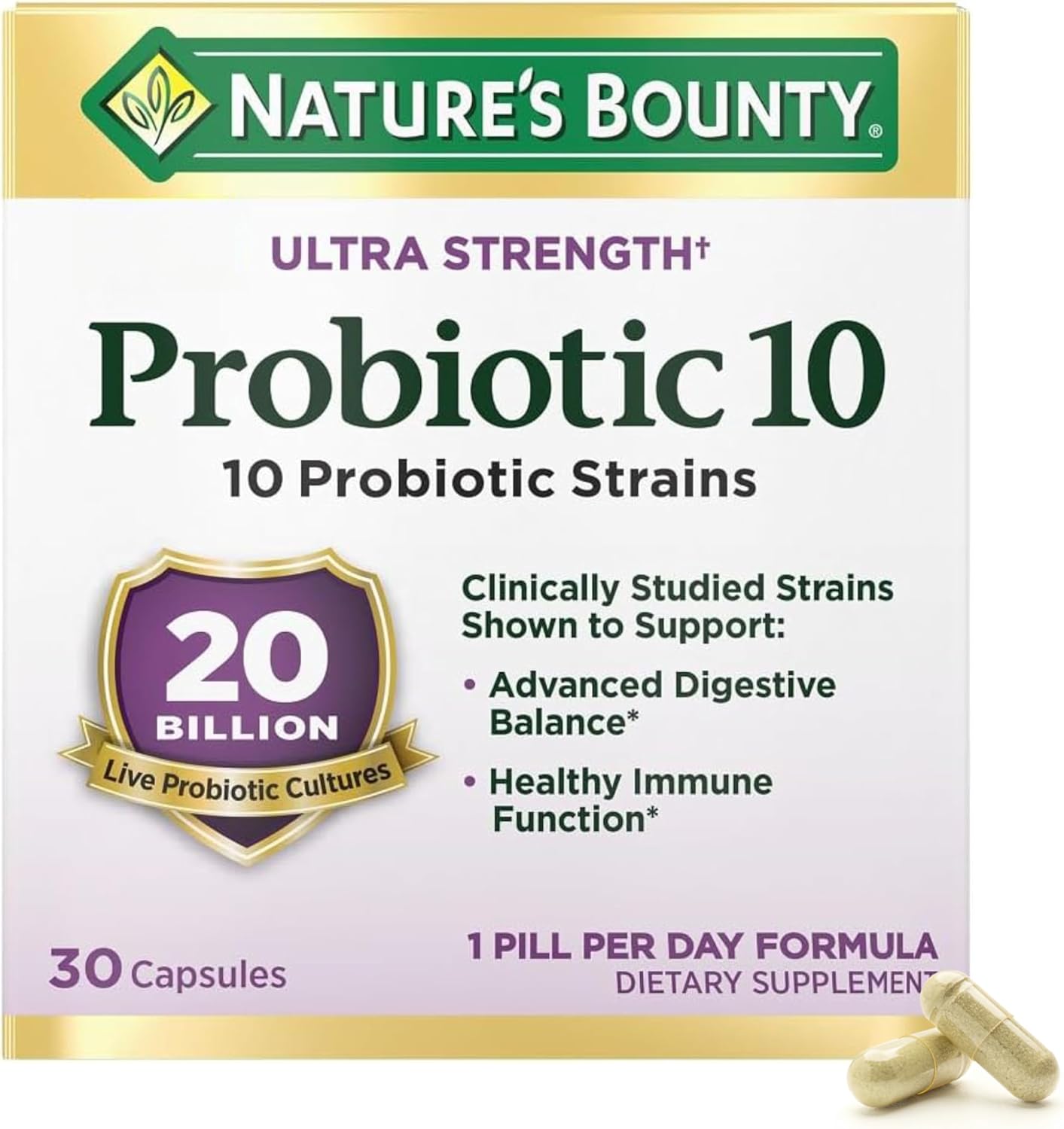 Nature's Bounty Probiotic 10 Ultra Strength Daily Supplement for Digestive, Immune & Respiratory Health - 30 Capsules